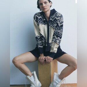 Zara Cable Knit Jacquard Cardigan Wool Ecru Blue Zip Up Jacket Small S New